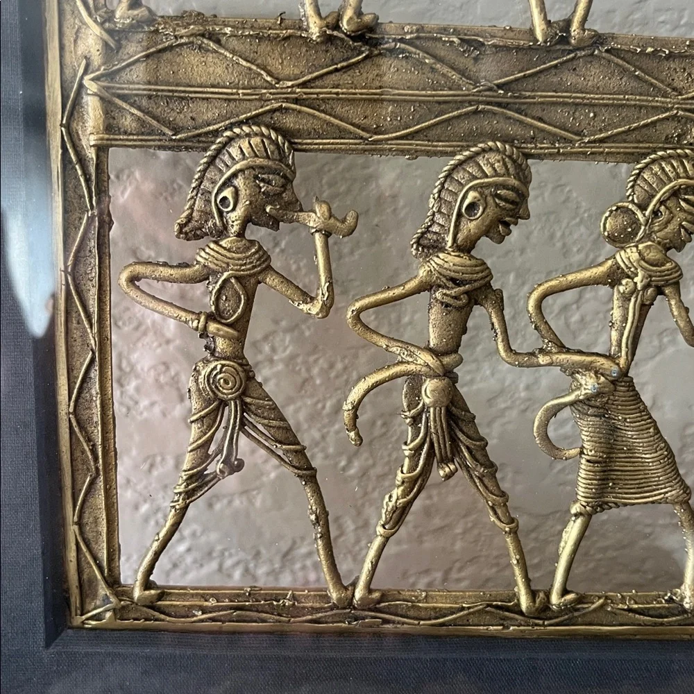 Vintage Dhokra Brass Tribal Wall Art Framed Indian Folk Dancing Figures 13”